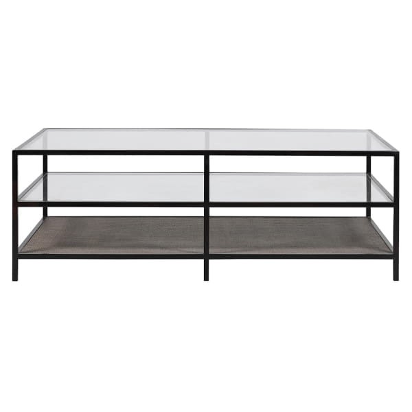 Rectangular glass coffee table with wicker storage shelf