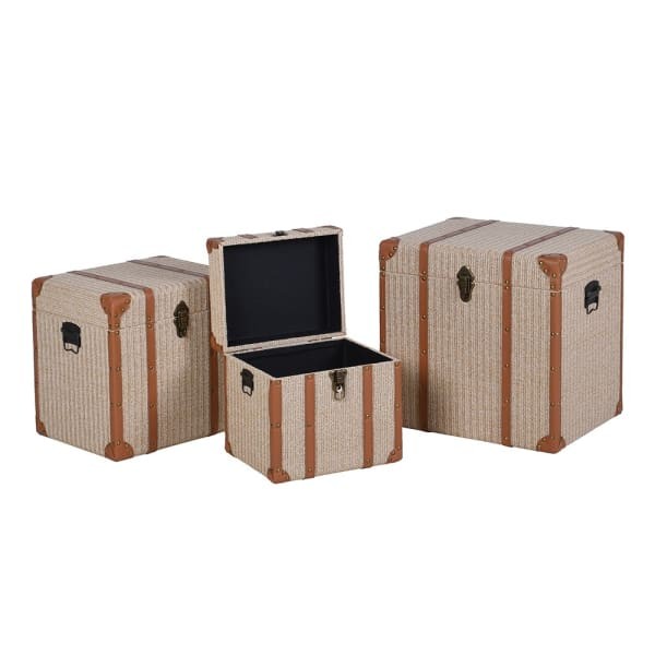 Zelten Set of Three Vintage-Style Storage Trunks – Beige and Brown with Iron Detailing