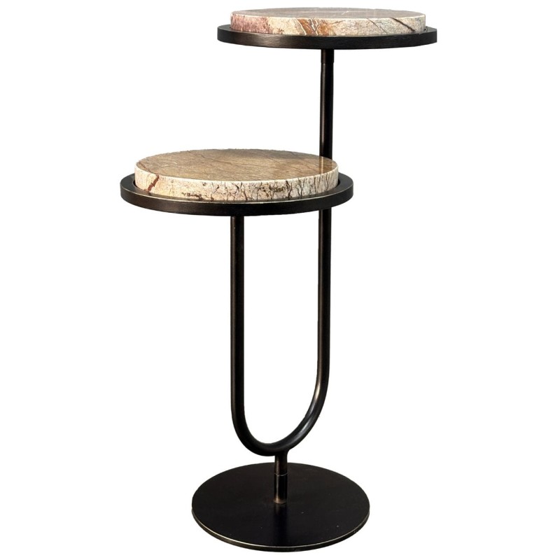 Double Emperador 59 cm two-tier marble side table with gold frame and brown Emperador marble tops