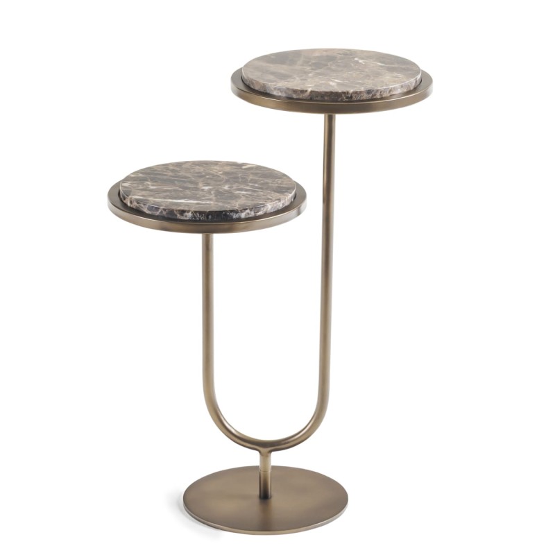 Double Emperador 59 cm two-tier marble side table with gold frame and brown marble tops
