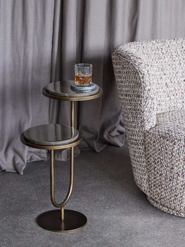 Double Italian Royal Gold 59 cm nesting marble side table in gold with two tiers, Italian Royal Gold marble