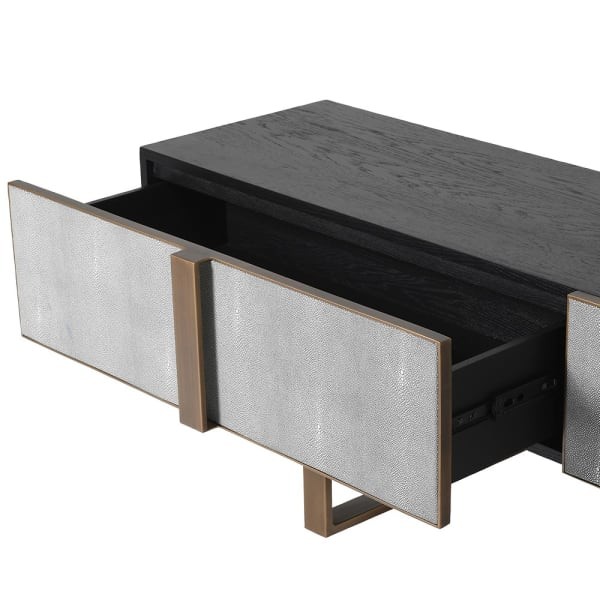 Enderby II 180cm TV stand in grey shagreen and oak with gold iron details