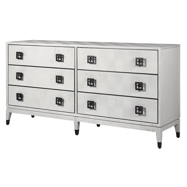 Large Light Oak chest of drawers 180 cm with spacious drawers, black iron details and pale oak finish, modern living room storage cabinet UK