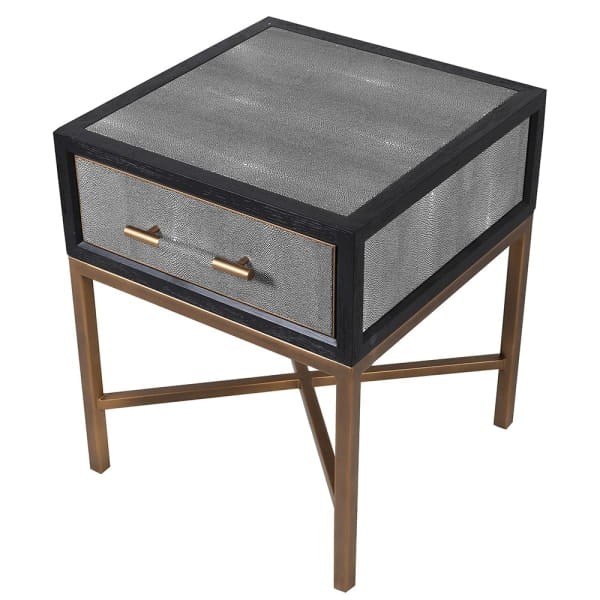 Enderby 61 cm bedside table with drawer in grey shagreen and oak, luxury bedroom cabinet