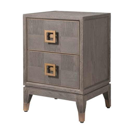 Camile Oak Bedside Table 62 cm – Grey Oak with Brass Details and Two Drawers
