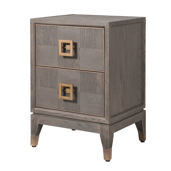 Camile Oak 62 cm bedside table with two drawers in grey oak with brass details, luxury wooden bedroom cabinet