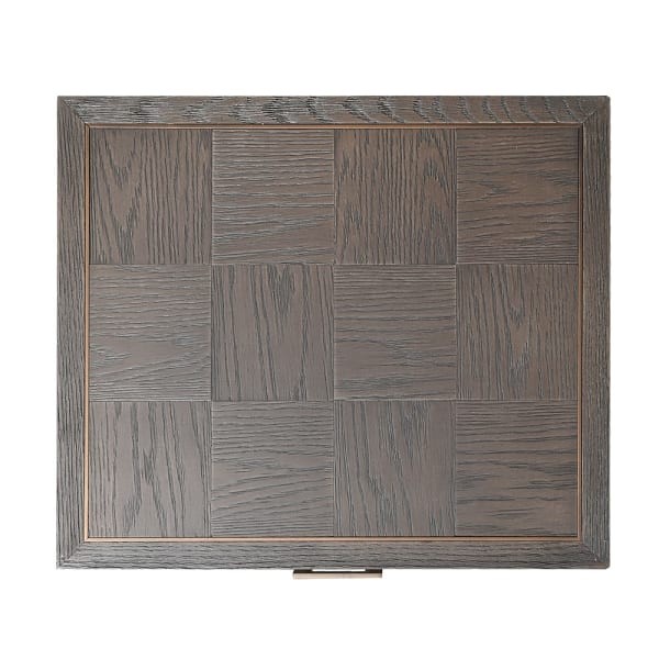 Camile Oak 62 cm bedside table with two drawers in grey oak with brass details, luxury wooden bedroom cabinet