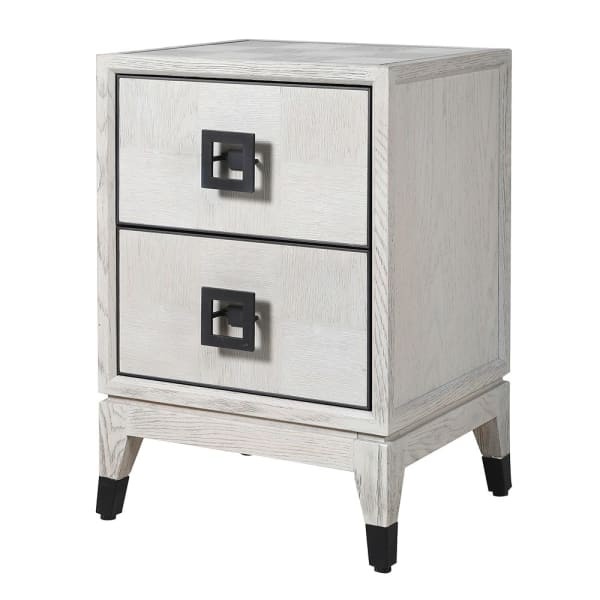 Light Oak 62 cm bedside table with two drawers, pale oak finish and black details, modern wooden bedroom cabinet