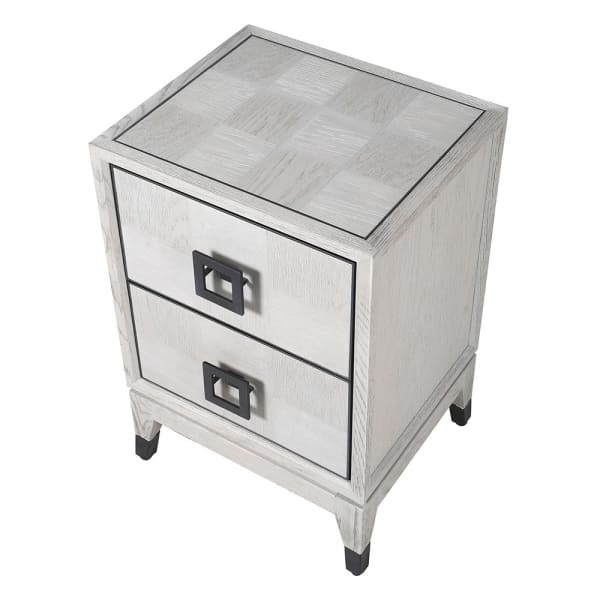 Light Oak 62 cm bedside table with two drawers, pale oak finish and black details, modern wooden bedroom cabinet