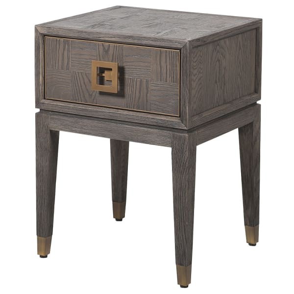 Camile Oak I 61 cm bedside table with drawer in grey oak with brass details, modern bedroom cabinet