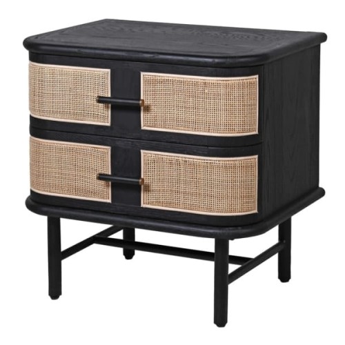 Leicester Bedside Table with Drawers 62 cm – Black Oak Cabinet with Natural Rattan Fronts