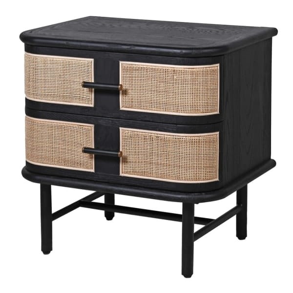 Leicester 62 cm bedside table with drawers in black oak, natural rattan front cabinet, modern bedroom furniture