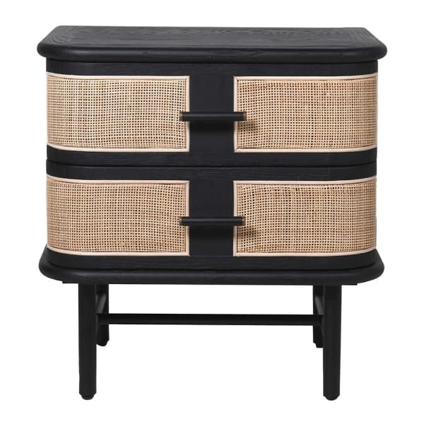 Leicester 62 cm bedside table with drawers in black oak, natural rattan front cabinet, modern bedroom furniture