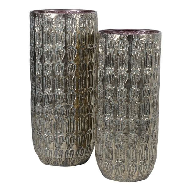 Set of two gold iron decorative floor vases 102 cm and 92 cm, tall statement home décor pieces
