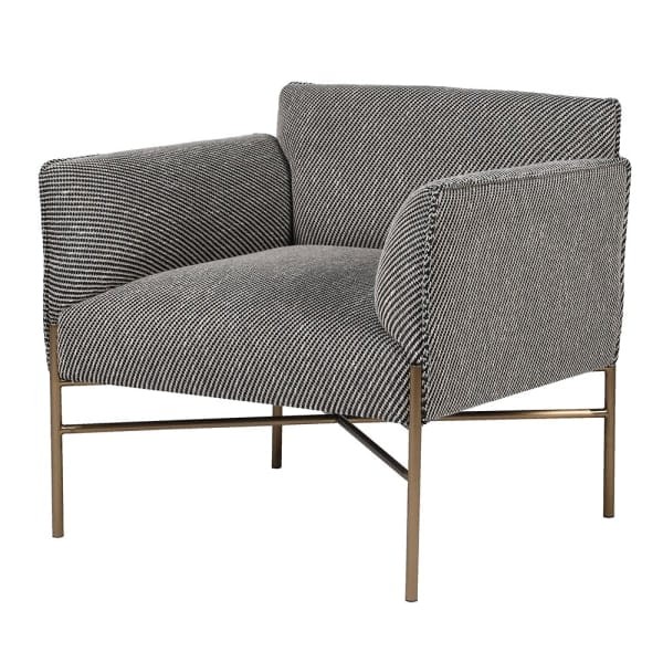 Devon modern armchair in black and white upholstery with gold metal legs