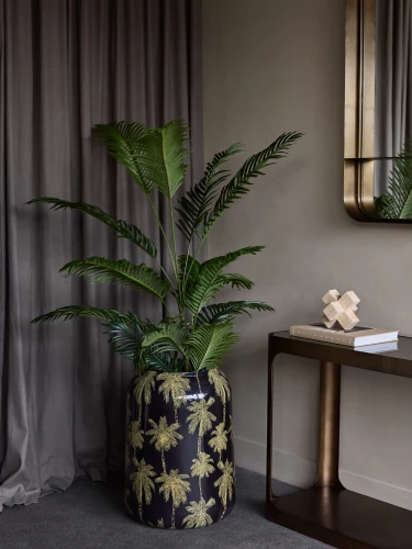 Palm Decorative Planter 62 cm – Black and Gold Iron Pot Cover with Palm Print