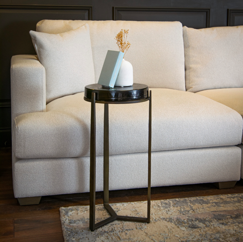 Black Derby 52.5 cm side table – black glass top with gold metal base, luxury modern accent table