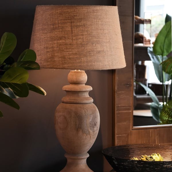 Large wooden table lamp with rounded mango wood base