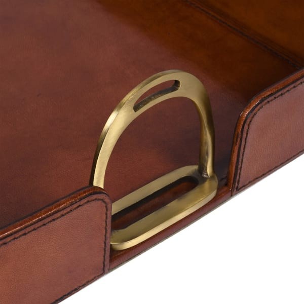 Eaton brown leather decorative tray with brass handles