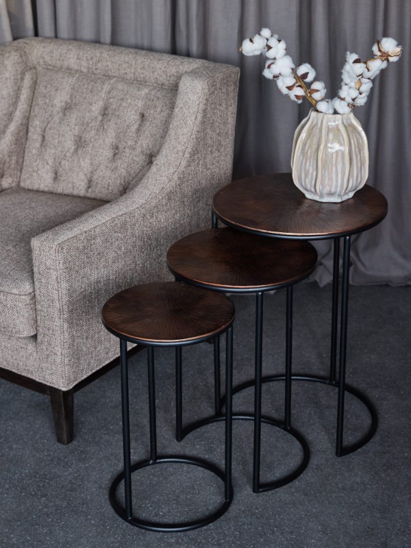 Set of three copper side tables made from aluminium with black metal frames