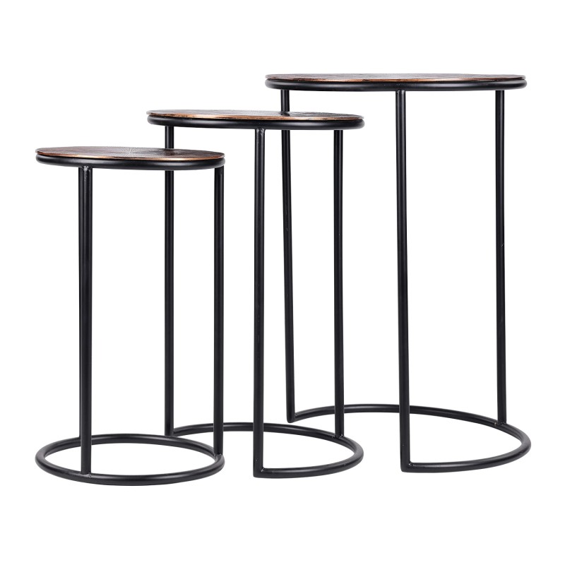 Set of three copper side tables made from aluminium with black metal frames