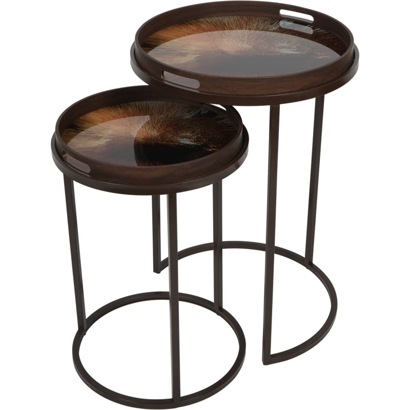 Golden side tables with removable tray top – set of two brown metal accent tables
