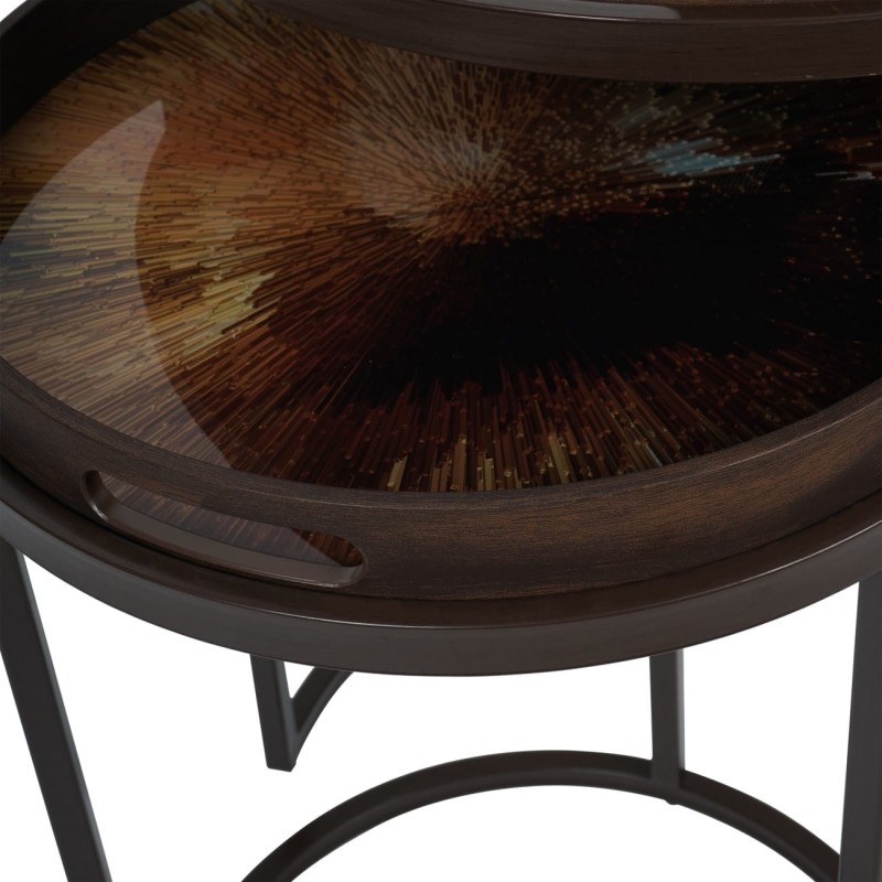 Golden side tables with removable tray top – set of two brown metal accent tables