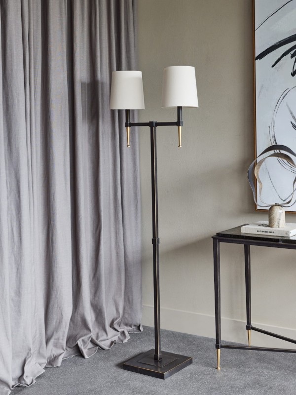 Stella Floor Lamp – 166 cm, Double Arm, Black & Gold with Linen Shades