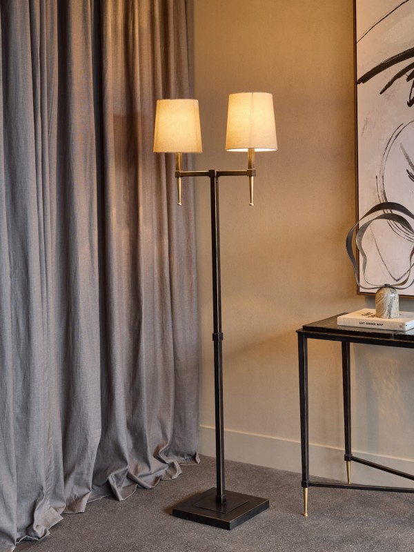 Stella Floor Lamp – 166 cm, Double Arm, Black & Gold with Linen Shades