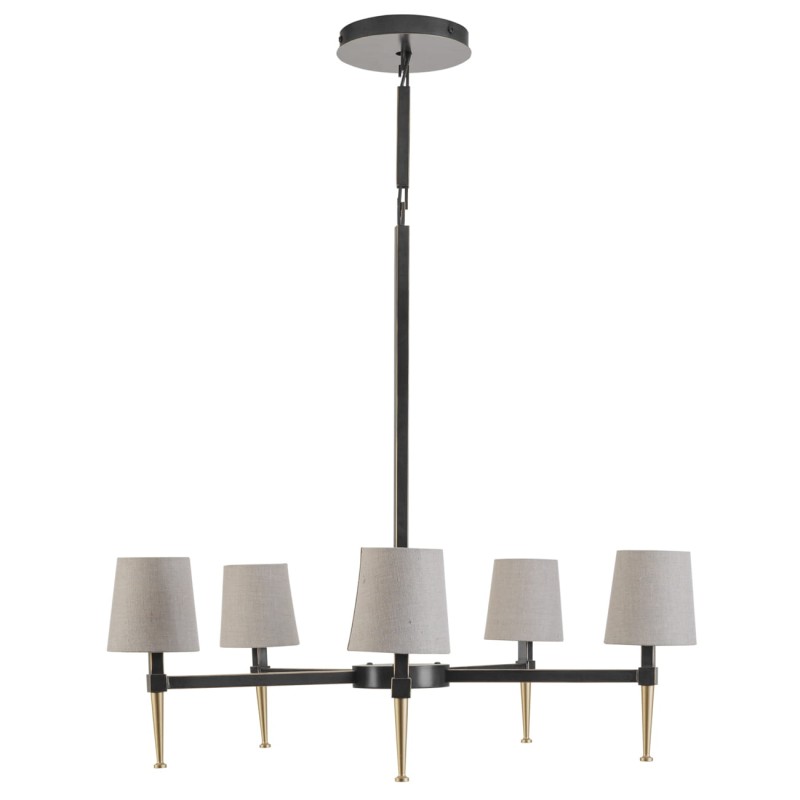 Stella 5-arm candle chandelier in black and gold with linen shades, bringing elegant ambient lighting to living rooms and dining rooms.