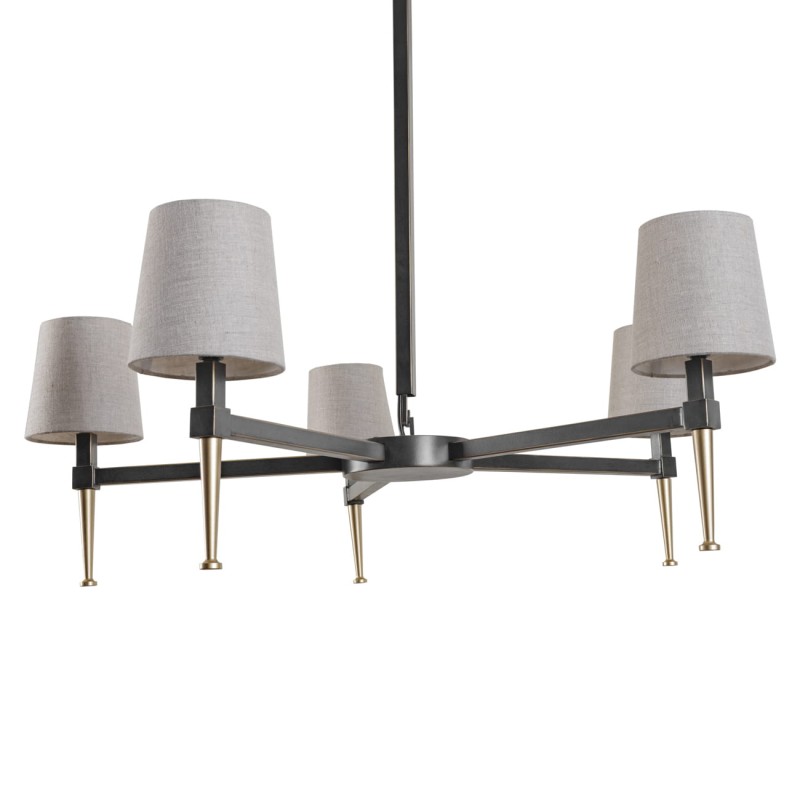 Stella 5-arm candle chandelier in black and gold with linen shades, bringing elegant ambient lighting to living rooms and dining rooms.