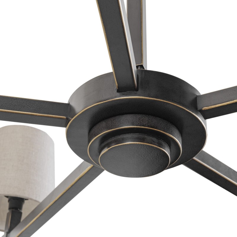 Stella 5-arm candle chandelier in black and gold with linen shades, bringing elegant ambient lighting to living rooms and dining rooms.
