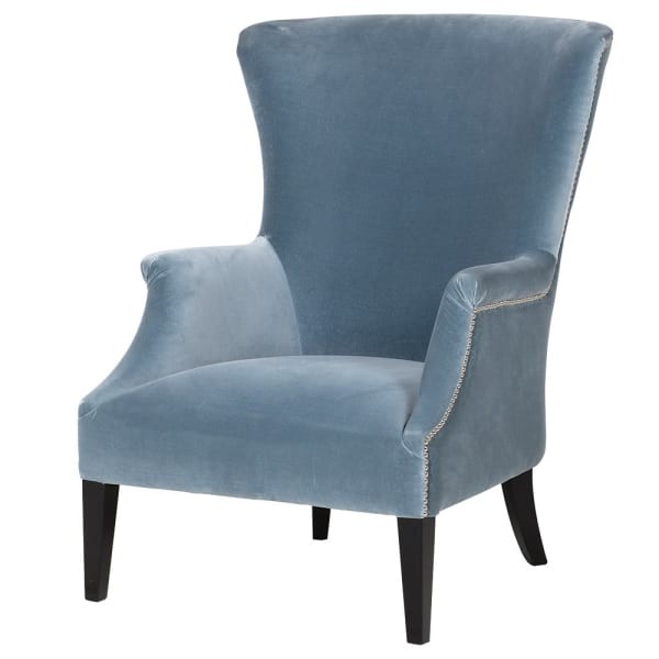 Eaton Elegance blue armchair upholstered in soft cotton velvet, offering exceptional comfort and elegant style. A luxurious living room chair with wooden legs, perfect for modern and classic interiors.
