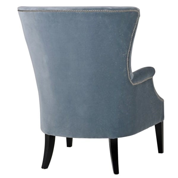 Eaton Elegance blue armchair upholstered in soft cotton velvet, offering exceptional comfort and elegant style. A luxurious living room chair with wooden legs, perfect for modern and classic interiors.