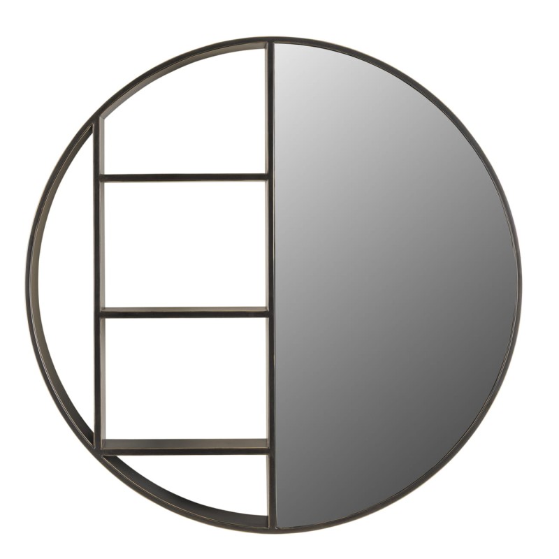 Primrose Bronze wall shelf with mirror, 100 cm diameter – a stylish round mirror with a practical shelf, perfect for modern hallways, living rooms, or bedrooms.
