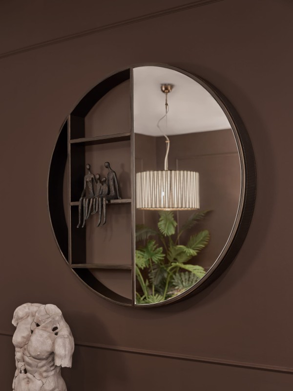 Primrose Bronze wall shelf with mirror, 100 cm diameter – a stylish round mirror with a practical shelf, perfect for modern hallways, living rooms, or bedrooms.