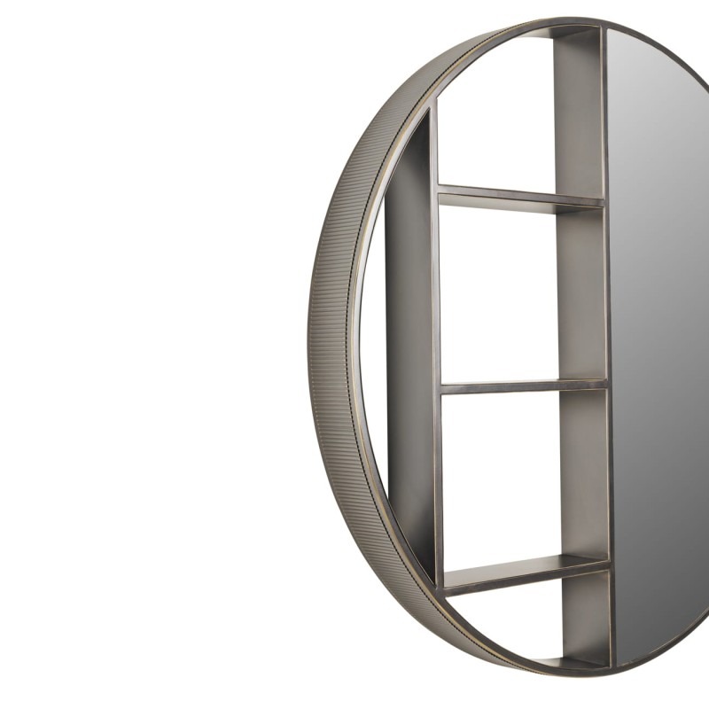 Primrose Bronze wall shelf with mirror, 100 cm diameter – a stylish round mirror with a practical shelf, perfect for modern hallways, living rooms, or bedrooms.