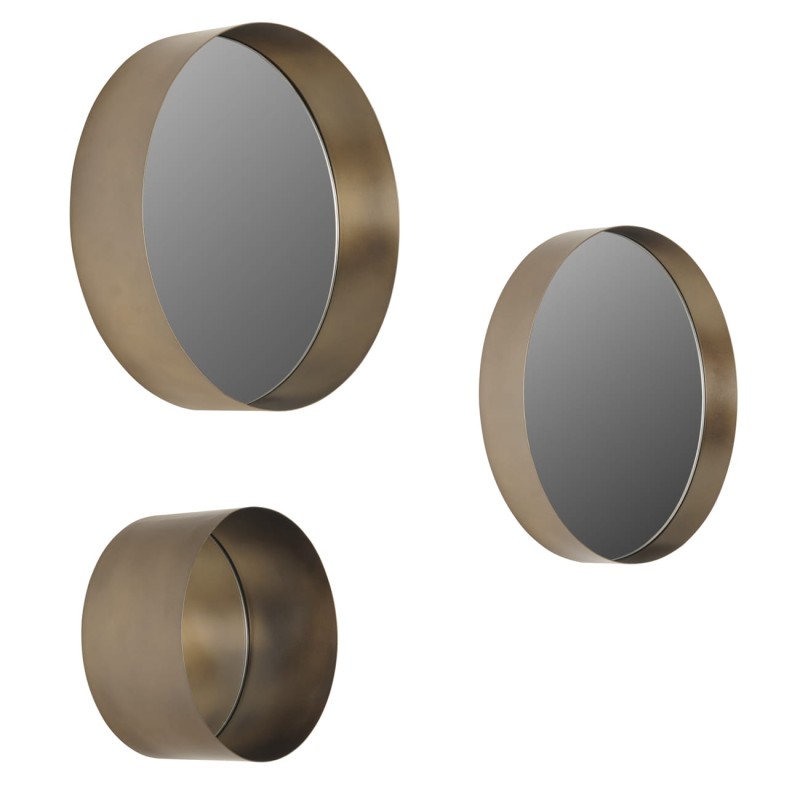 Set of three Camden round mirrors, 50 cm, with gold iron frames.