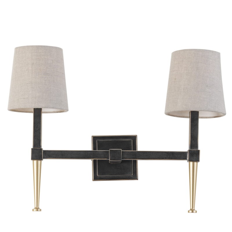 Stella wall light with two arms in black and gold, featuring two linen shades.