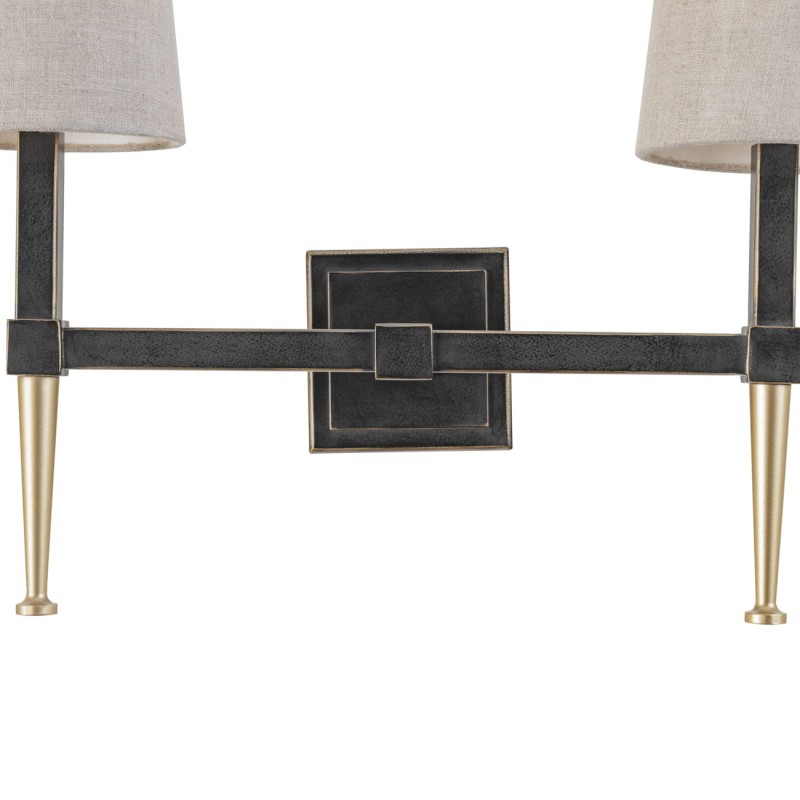 Stella wall light with two arms in black and gold, featuring two linen shades.