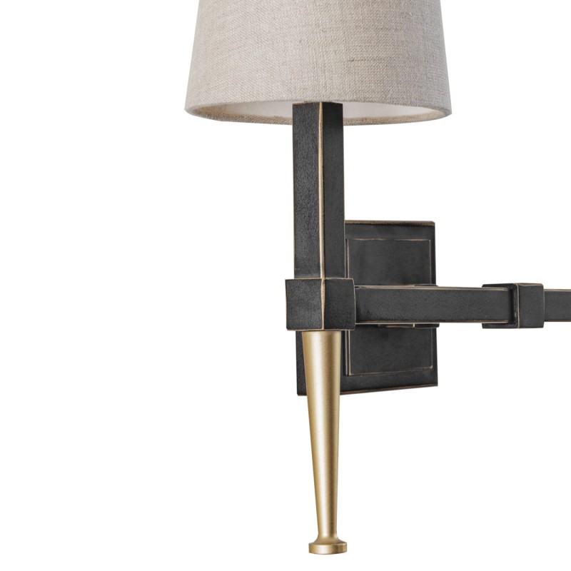 Stella wall light with two arms in black and gold, featuring two linen shades.