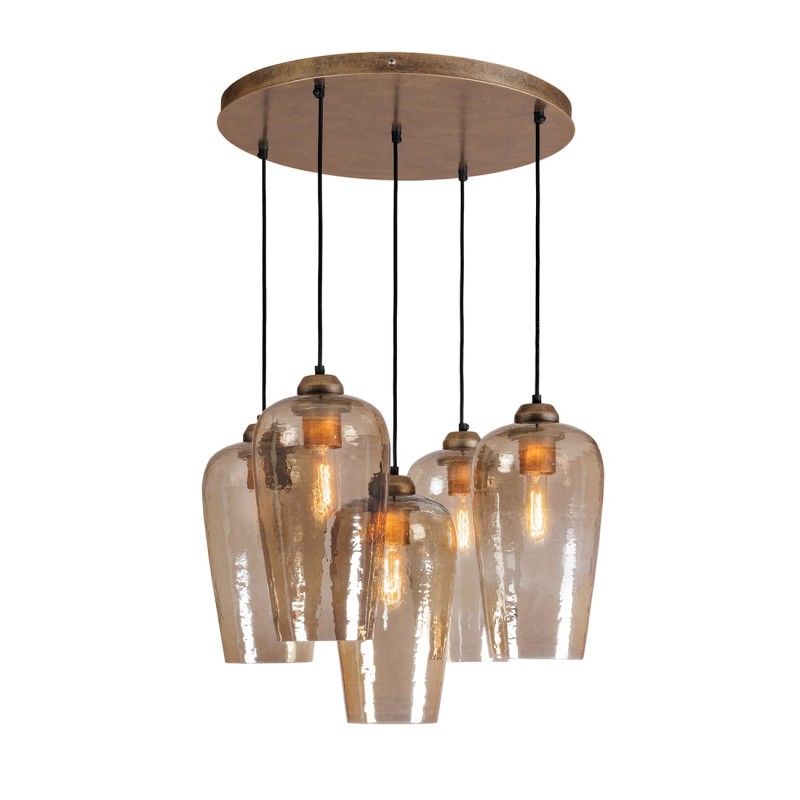 Charlotte gold glass pendant ceiling light with five glass shades, 182 × 45 cm