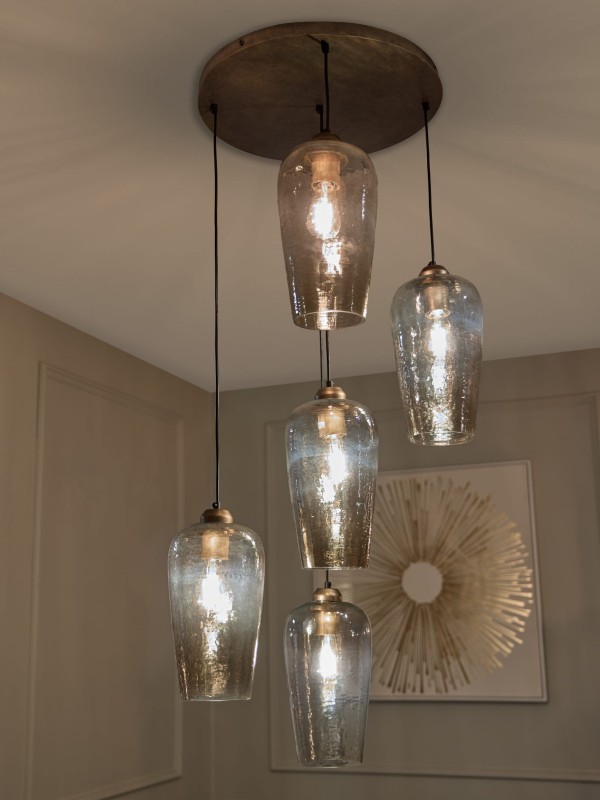 Charlotte gold glass pendant ceiling light with five glass shades, 182 × 45 cm