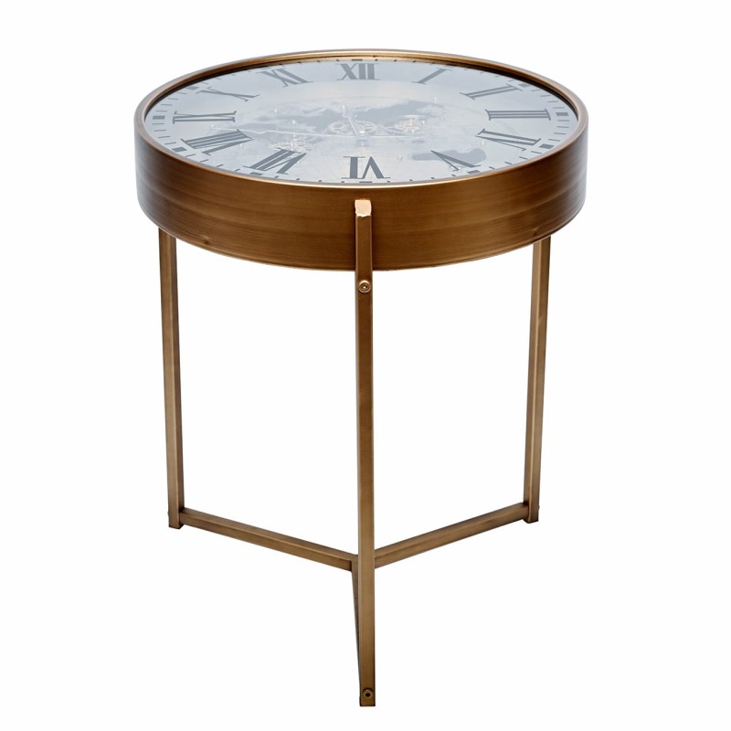Atlas round side table with clock, 49 cm – metal and glass side table with visible mechanism