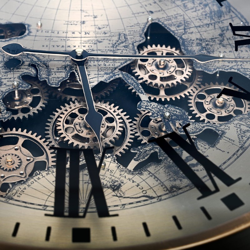 Atlas round side table with clock, 49 cm – metal and glass side table with visible mechanism