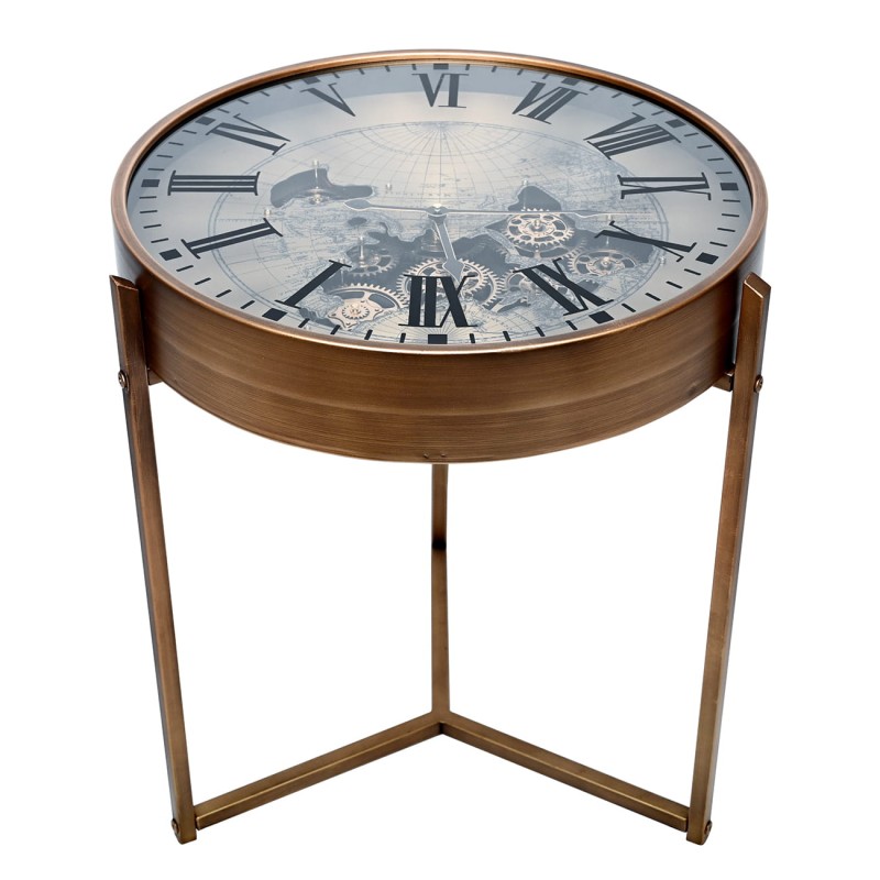 Atlas round side table with clock, 49 cm – metal and glass side table with visible mechanism