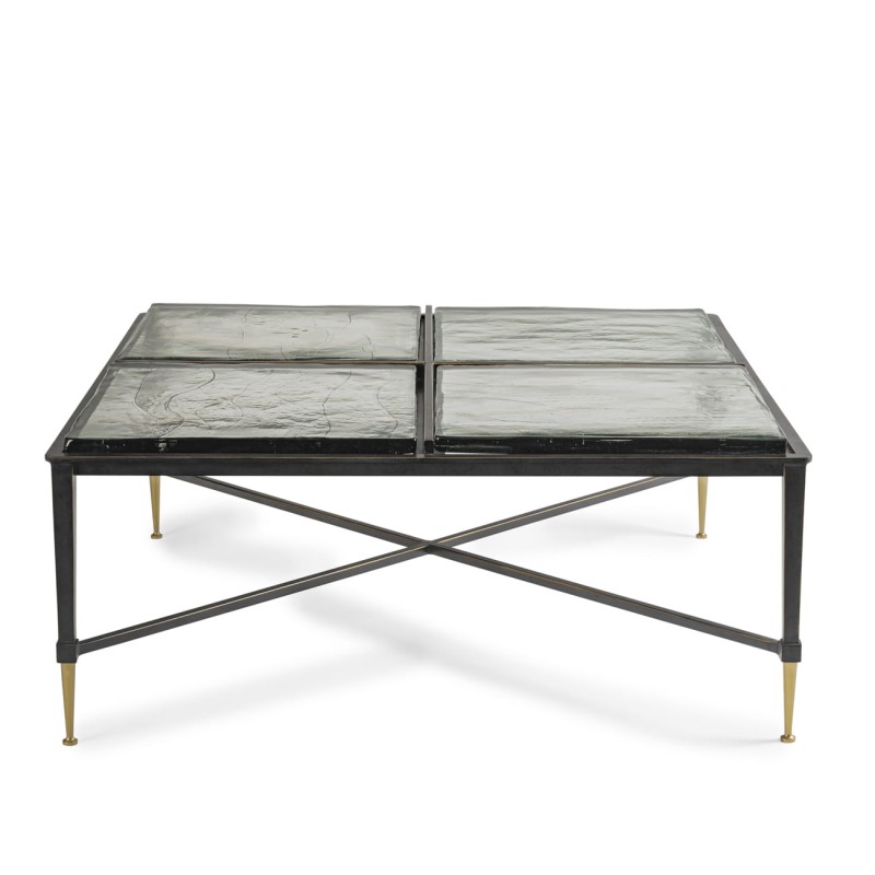 Square Stella coffee table, 98 cm, with a glass top and black and gold iron base.