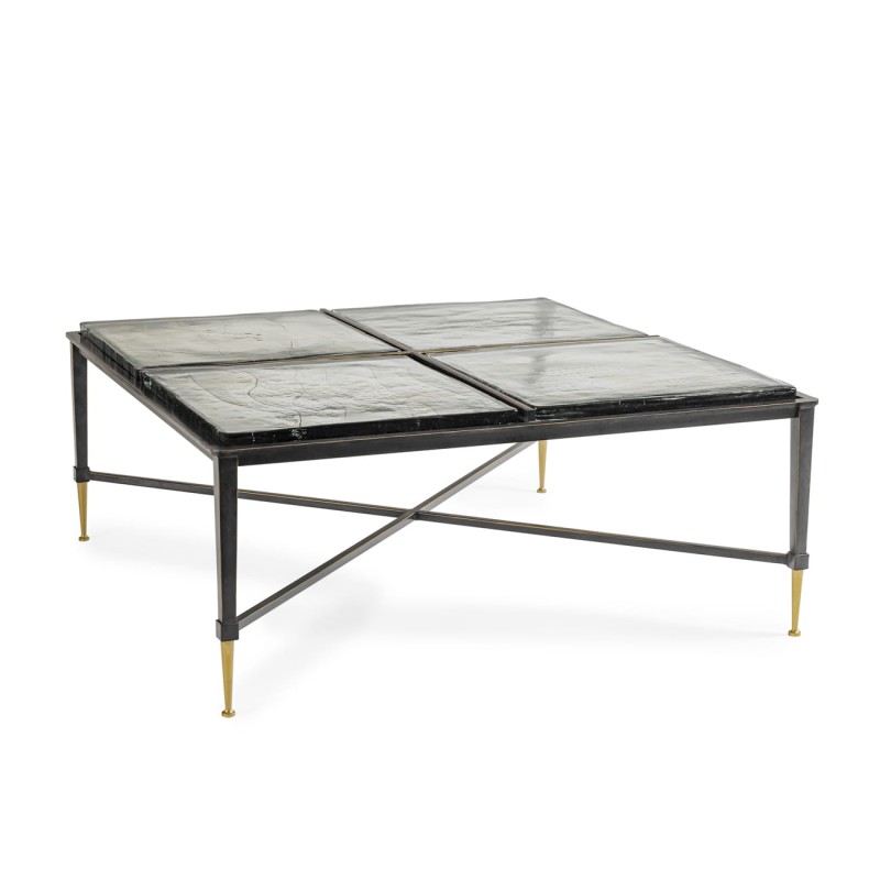 Square Stella coffee table, 98 cm, with a glass top and black and gold iron base.