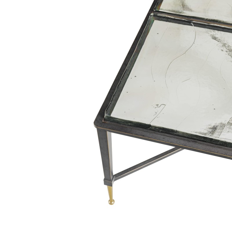 Square Stella coffee table, 98 cm, with a glass top and black and gold iron base.