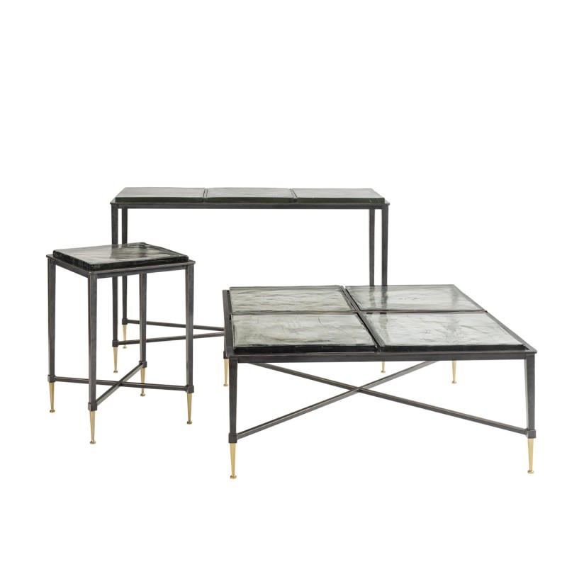 Square Stella coffee table, 98 cm, with a glass top and black and gold iron base.